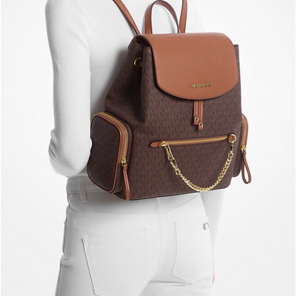 MK Brown & Gold Logo-print canvas Large Backpack 🎒, NWT - Picture 4 of 6